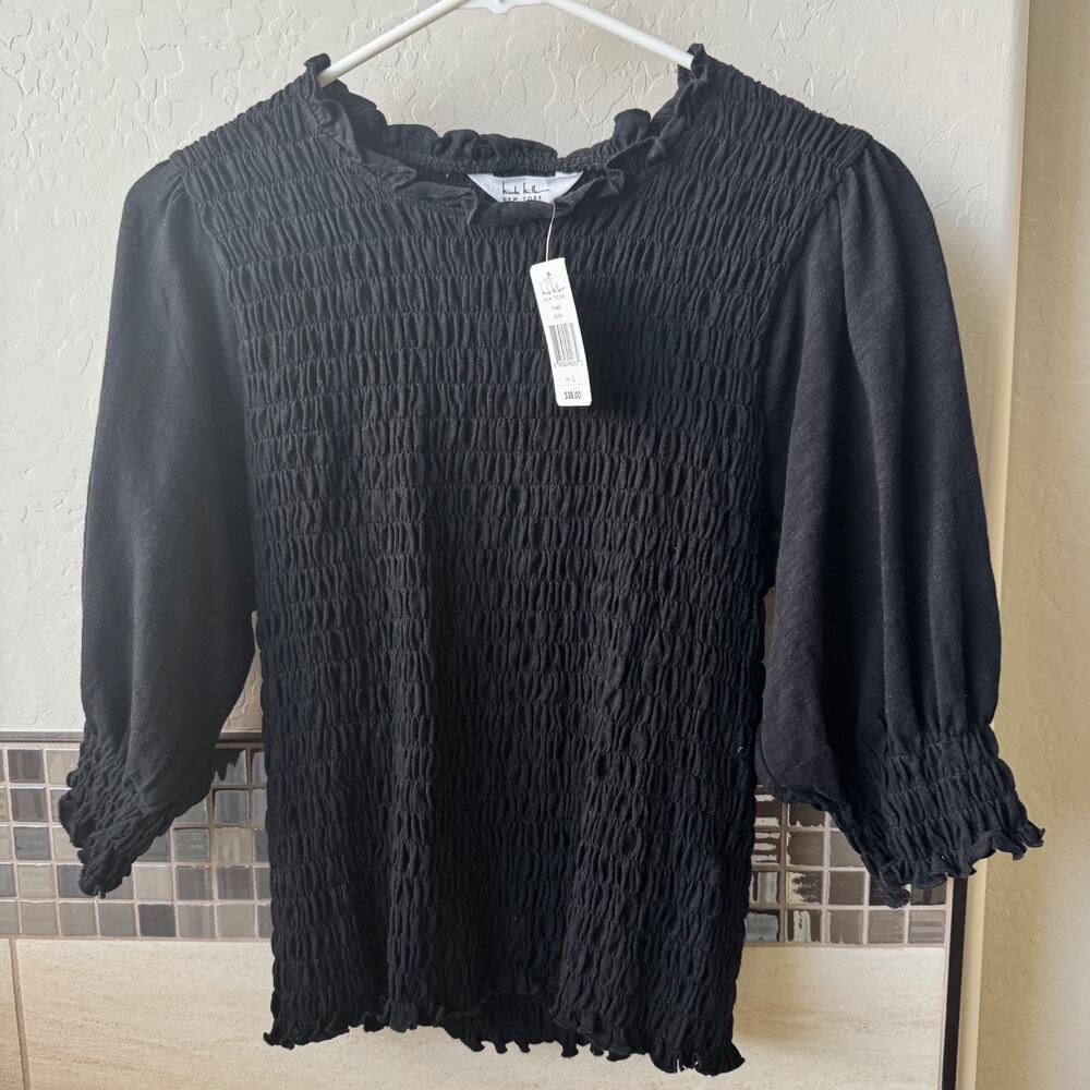 Nicole Miller NY Black Smocked Blouse L Ruffle Puff Sleeve Whimsigoth Witchy Top